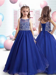 Sleeveless Organza Floor Length Lace Up Little Girl Pageant Dress in Royal Blue with Beading