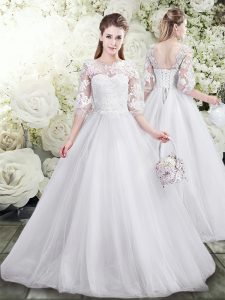 White Wedding Dresses Wedding Party with Lace Scoop Half Sleeves Lace Up