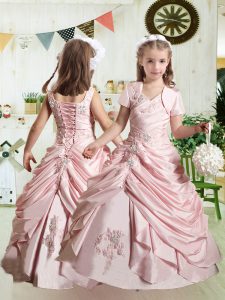 Superior Sleeveless Floor Length Beading and Pick Ups Lace Up Girls Pageant Dresses with Baby Pink