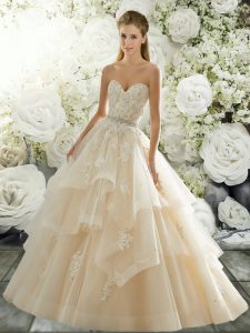Tulle Sleeveless Wedding Gowns Brush Train and Beading and Lace and Ruffled Layers