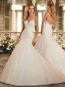 Affordable White Mermaid Organza Spaghetti Straps Sleeveless Appliques and Embroidery Backless Wedding Gown Sweep Train