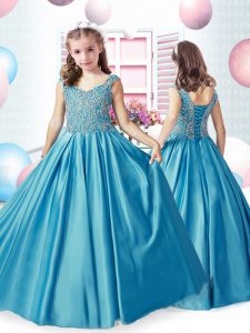 Teal Sleeveless Floor Length Beading Lace Up Pageant Gowns For Girls