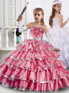 Latest Beading and Ruffled Layers Kids Formal Wear Hot Pink Lace Up Sleeveless Floor Length