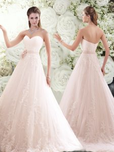 Stylish Pink Sweetheart Zipper Lace and Hand Made Flower Bridal Gown Brush Train Sleeveless