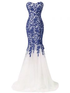 Beauteous Blue And White Womens Evening Dresses Prom and Military Ball and Sweet 16 with Beading and Lace and Appliques 