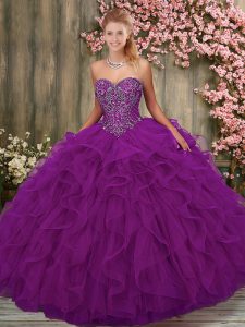 Admirable Beading and Ruffles Sweet 16 Dresses Eggplant Purple Lace Up Sleeveless Floor Length