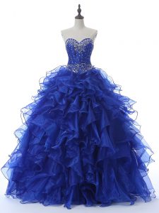 Sophisticated Royal Blue Lace Up Sweetheart Beading and Ruffles Ball Gown Prom Dress Organza Sleeveless