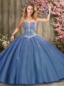 Lovely Blue Tulle Lace Up Vestidos de Quinceanera Sleeveless Floor Length Beading