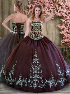 Brown Taffeta Lace Up Strapless Sleeveless Floor Length 15 Quinceanera Dress Embroidery