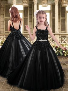 Exceptional Taffeta Straps Sleeveless Sweep Train Backless Lace and Belt Flower Girl Dress in Black