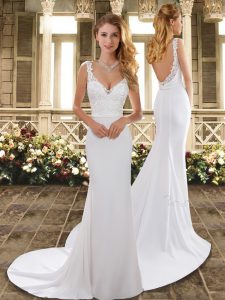 Stylish White Backless V-neck Lace Bridal Gown Taffeta Sleeveless Brush Train