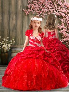 Red Sleeveless Taffeta and Tulle Brush Train Lace Up Girls Pageant Dresses for Party and Wedding Party