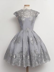 Grey Cap Sleeves Tulle Lace Up Dama Dress for Quinceanera for Prom and Party and Wedding Party