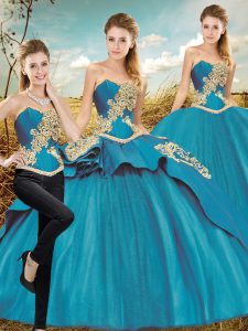 Charming Teal Three Pieces Beading and Embroidery Quince Ball Gowns Lace Up Taffeta and Tulle Sleeveless