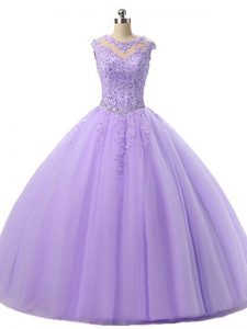 Lavender Lace Up Scoop Beading and Lace Quinceanera Dresses Tulle Sleeveless