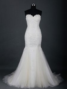 Sleeveless Lace Zipper Wedding Dresses with White Brush Train