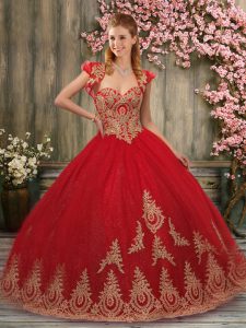 Red Ball Gowns Appliques Ball Gown Prom Dress Lace Up Tulle Sleeveless