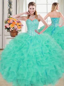 Lovely Turquoise Ball Gowns Organza Sweetheart Sleeveless Beading and Ruffles Floor Length Lace Up Vestidos de Quinceane