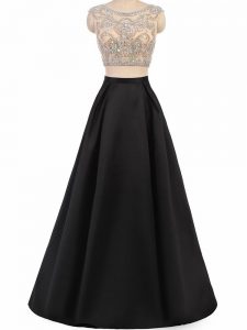 Sleeveless Taffeta Floor Length Zipper Prom Gown in Black with Beading