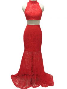 Top Selling Lace Evening Dress Red Zipper Sleeveless Brush Train