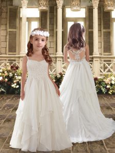 Fashionable White Sleeveless Lace and Ruffles Clasp Handle Toddler Flower Girl Dress