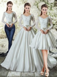 Long Sleeves Chapel Train Lace and Belt Lace Up Bridal Gown