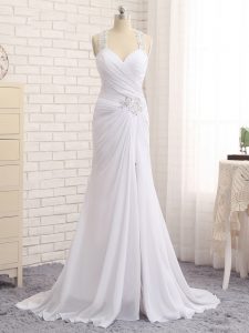 Elegant Straps Sleeveless Wedding Gowns Brush Train Beading and Ruching White Chiffon