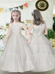 Exceptional White Ball Gowns Tulle Scoop Sleeveless Beading and Ruffled Layers Floor Length Zipper Flower Girl Dresses f