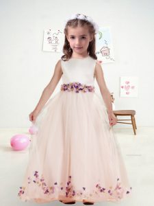 Hot Sale Bateau Sleeveless Flower Girl Dresses for Less Floor Length Beading and Appliques and Belt Pink Tulle
