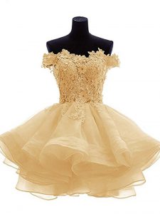 Sleeveless Organza Mini Length Zipper Hoco Dress in Gold with Lace and Appliques and Ruffles