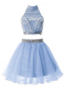 Discount Light Blue A-line High-neck Sleeveless Organza Knee Length Zipper Beading Dama Dress for Quinceanera