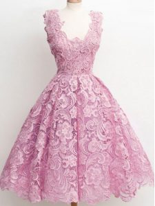 Glamorous Lilac Sleeveless Knee Length Lace Zipper Quinceanera Dama Dress