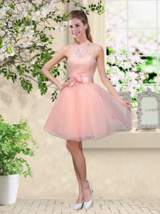Halter Top Sleeveless Lace Up Bridesmaid Dress Peach Tulle