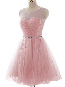 Pink Sleeveless Tulle Lace Up Prom Dresses for Prom and Party and Beach