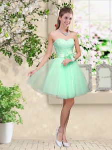 Sweetheart Sleeveless Wedding Party Dress Knee Length Lace and Belt Apple Green Tulle