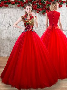 Glittering Red Lace Up High-neck Appliques Quinceanera Dress Organza Short Sleeves