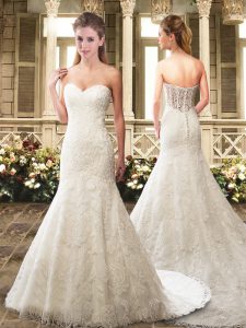 Graceful Sweetheart Sleeveless Wedding Gowns Sweep Train Appliques and Embroidery White Organza and Lace
