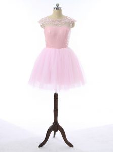 Most Popular Tulle Scoop Sleeveless Zipper Lace and Appliques Evening Dress in Baby Pink