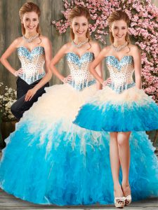 Amazing Aqua Blue Lace Up Sweetheart Beading and Ruffles 15th Birthday Dress Organza Sleeveless