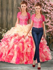 Great Multi-color Ball Gowns Sweetheart Sleeveless Organza Floor Length Lace Up Beading and Ruffles Sweet 16 Dresses