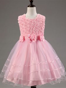 Baby Pink Sleeveless Knee Length Ruffled Layers and Hand Made Flower Zipper Pageant Gowns For Girls