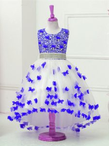 Great Ball Gowns Flower Girl Dress Blue And White Scoop Tulle Sleeveless High Low Zipper