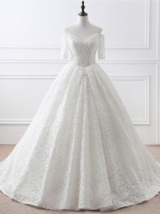 White A-line Off The Shoulder Half Sleeves Organza and Lace Brush Train Lace Up Lace and Appliques Wedding Dresses