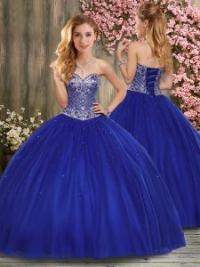 Glittering Royal Blue Ball Gowns Beading Sweet 16 Dresses Lace Up Taffeta Sleeveless Floor Length