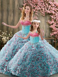 Multi-color Fabric With Rolling Flowers Lace Up Vestidos de Quinceanera Sleeveless Brush Train Beading