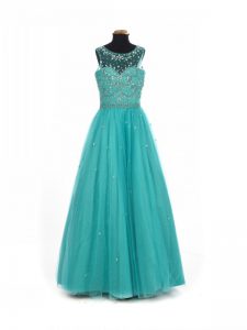 Teal Scoop Neckline Beading Pageant Gowns For Girls Sleeveless Lace Up