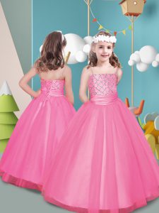 Sleeveless Floor Length Beading Lace Up Little Girls Pageant Gowns with Rose Pink