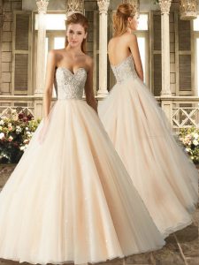 Designer Sleeveless Beading and Lace Clasp Handle Wedding Gown with Champagne Court Train