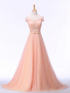 Glorious Peach Off The Shoulder Neckline Beading and Lace and Belt Formal Evening Gowns Sleeveless Lace Up