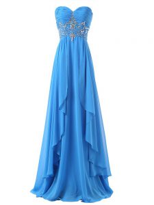 Eye-catching Baby Blue Empire Sweetheart Sleeveless Chiffon Brush Train Lace Up Beading and Ruching Prom Evening Gown